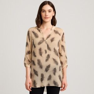Criss Cross Feather Print Sheer Blouse Women's Medium‎ Lightweight Bow Neck